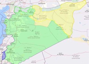 تظهر باللون الأصفر مناطق سيطرة قوات سوريا الديموقراطية والتي أنشأت إدارة ذاتية في مناطق سيطرتها تظهر باللون الأصفر مناطق سيطرة قوات سوريا الديموقراطية والتي أنشأت إدارة ذاتية في مناطق سيطرتها